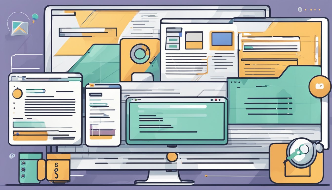 A computer screen displaying on-page SEO elements, with keywords, meta tags, and content optimization