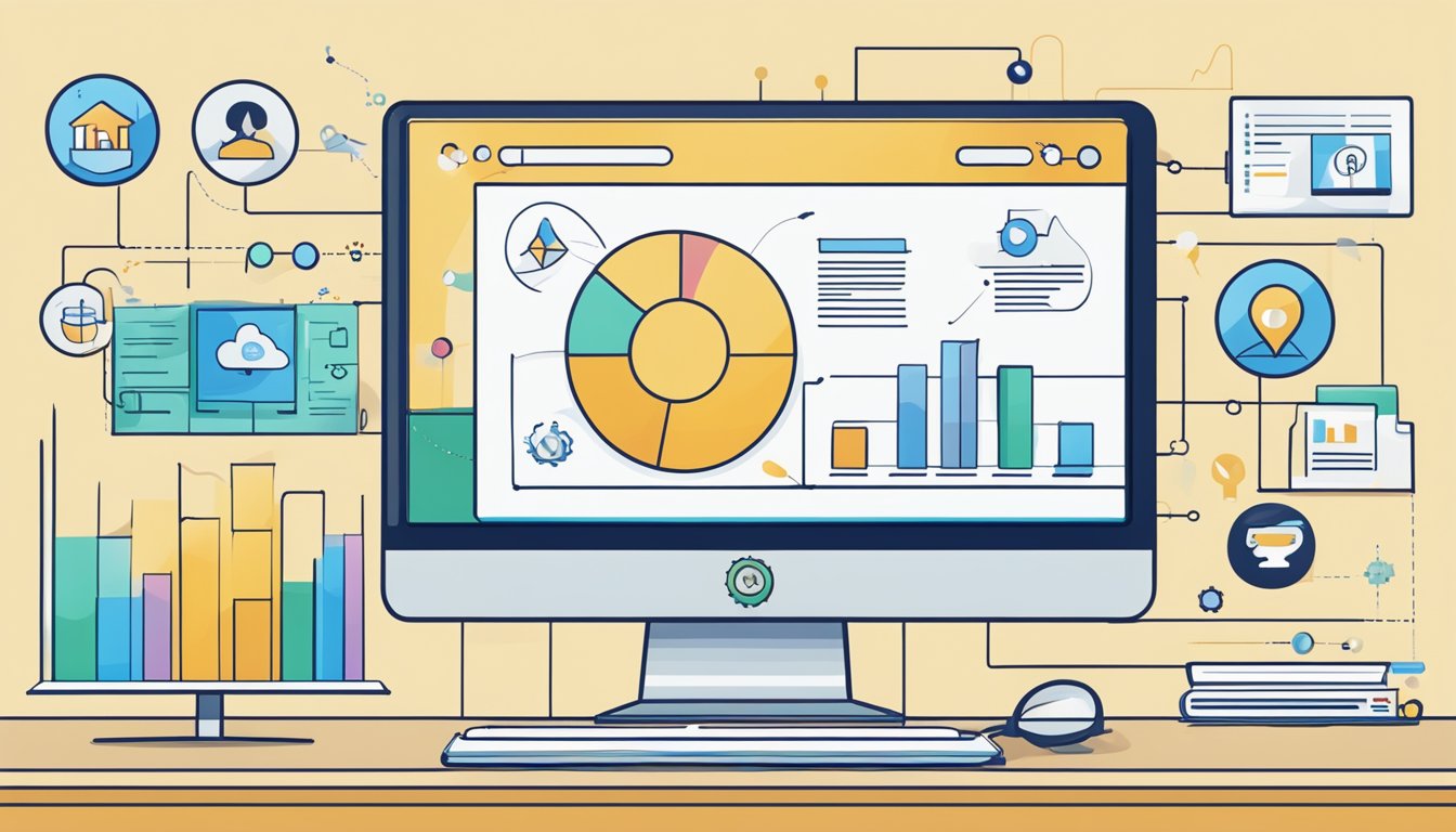 A computer screen displaying off-page SEO strategies with backlinks, social media icons, and website analytics