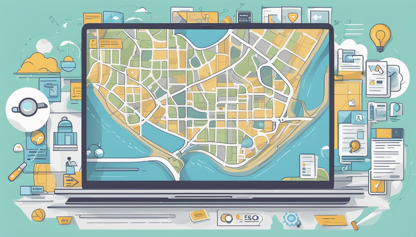 A laptop displaying a local map with various business listings, surrounded by search engine icons and keywords like "local SEO" and "optimization."
