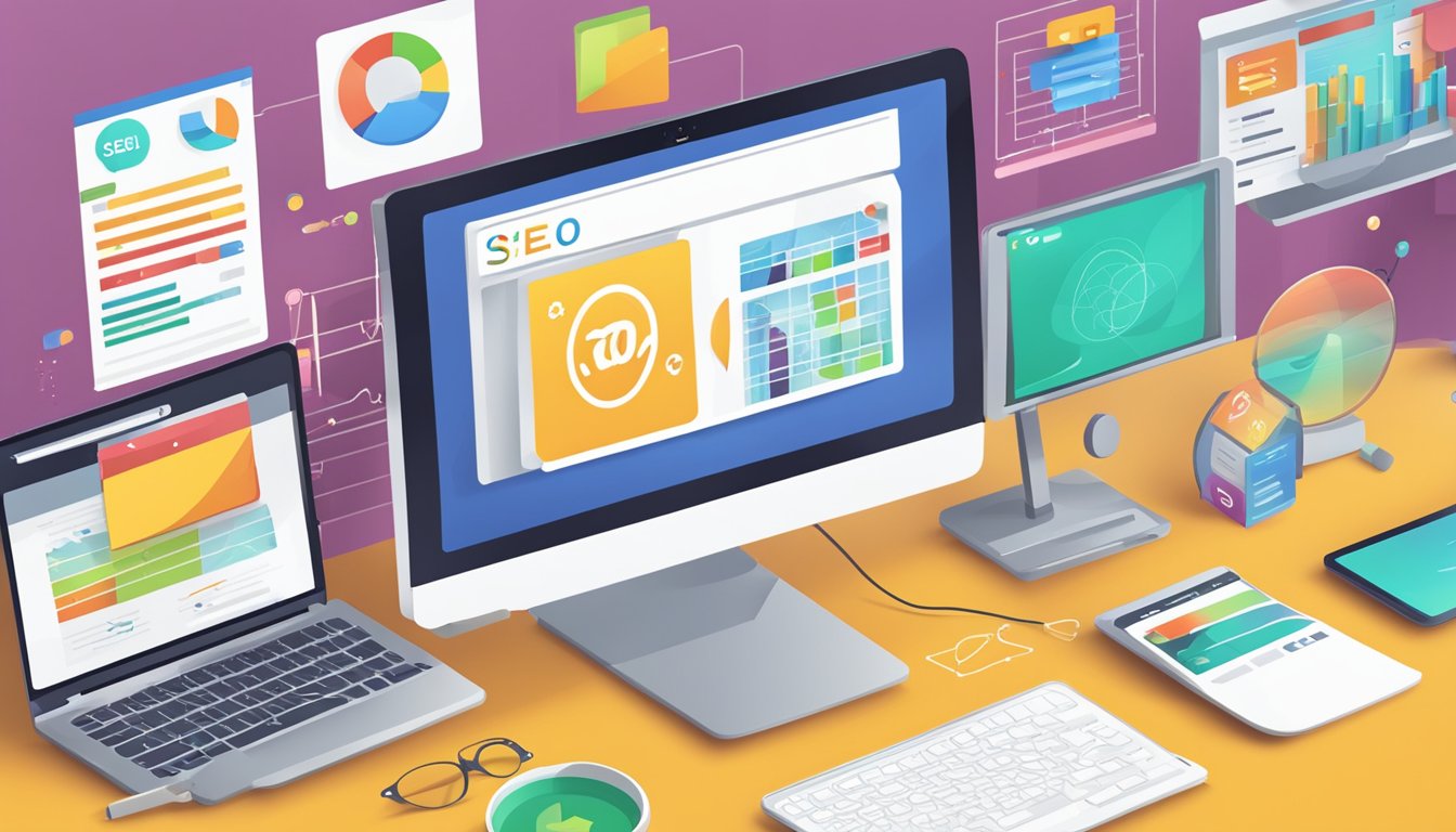 A computer screen displaying SEO and digital marketing concepts