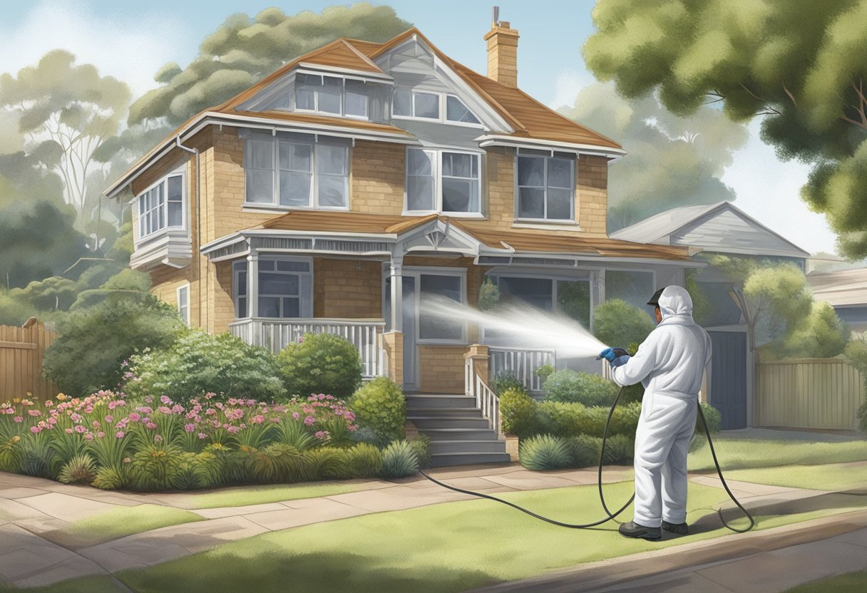 A technician sprays pesticide around a suburban house in Normanhurst. A trail of ants scatters as the chemical mist settles