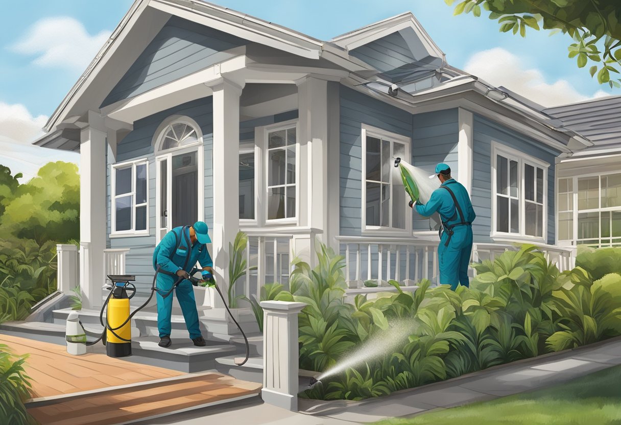 A technician in uniform sprays pesticide around a house in Normanhurst, targeting common pest entry points like windows and doors