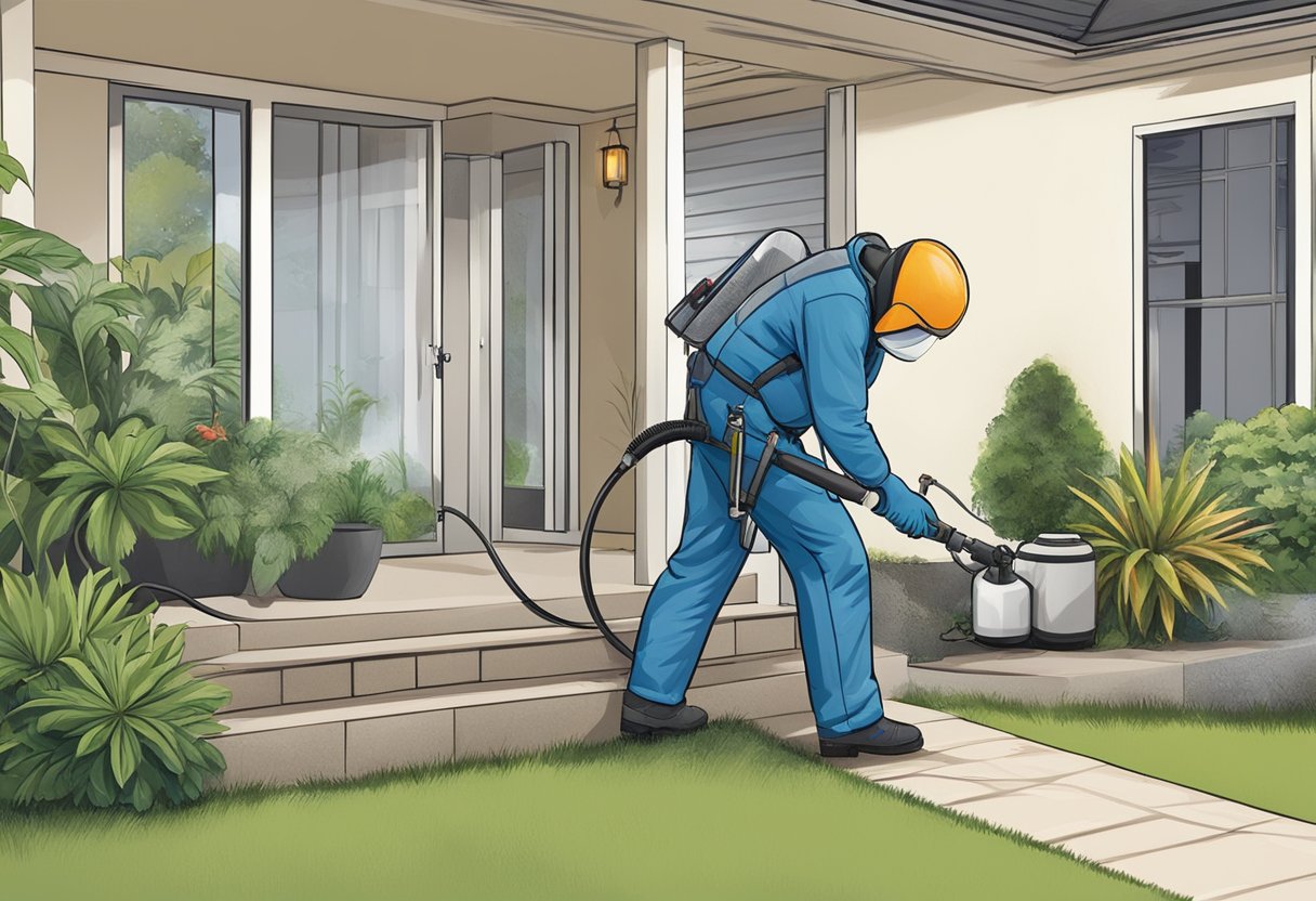 A pest control technician sprays a residential property in Normanhurst, targeting common pests such as ants, cockroaches, and spiders