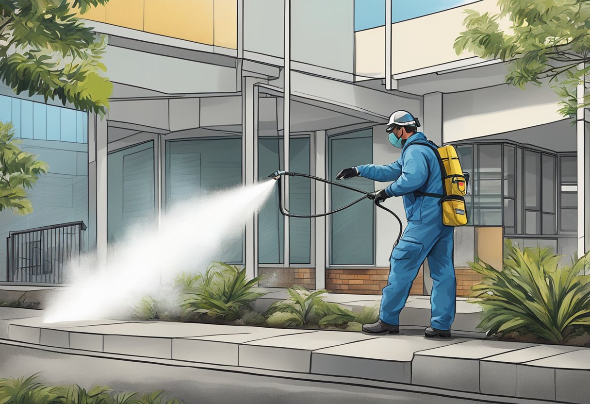 A pest management technician sprays pesticide around a commercial building in Normanhurst