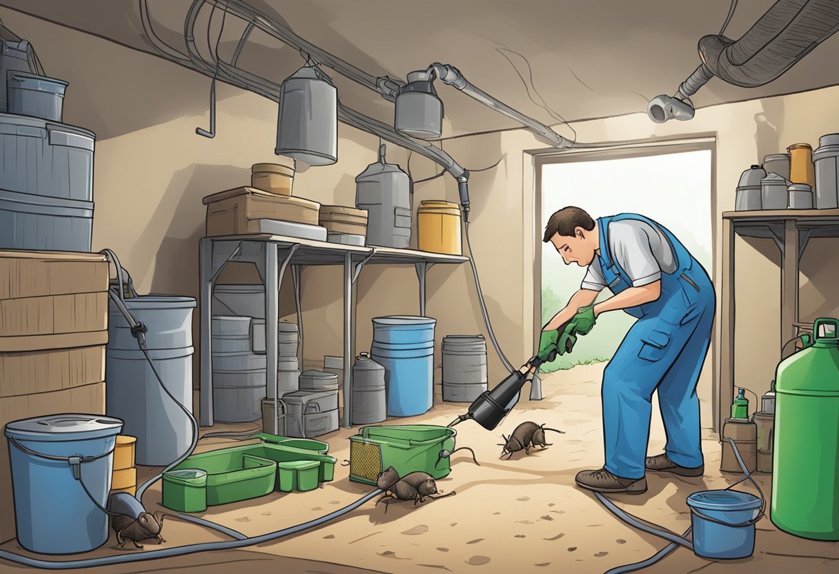 A technician sprays insecticide while setting up rodent traps in a cluttered basement