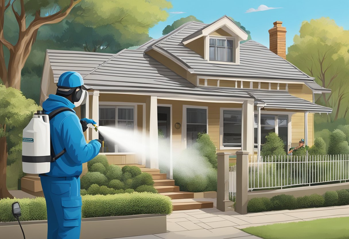 A pest control technician sprays a home's exterior, targeting specific areas for treatment in Normanhurst