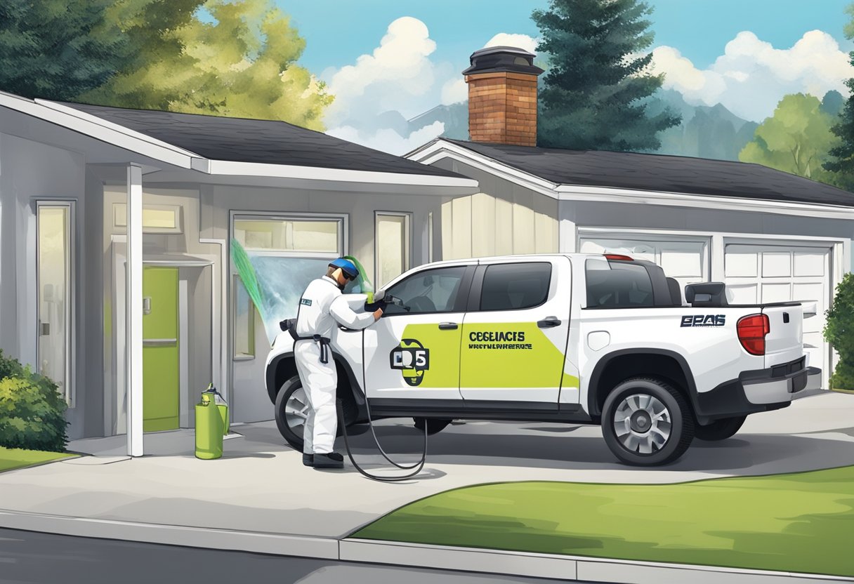 A technician in a white uniform sprays a chemical barrier around a house, while a sign with the company's logo is prominently displayed on the vehicle parked nearby