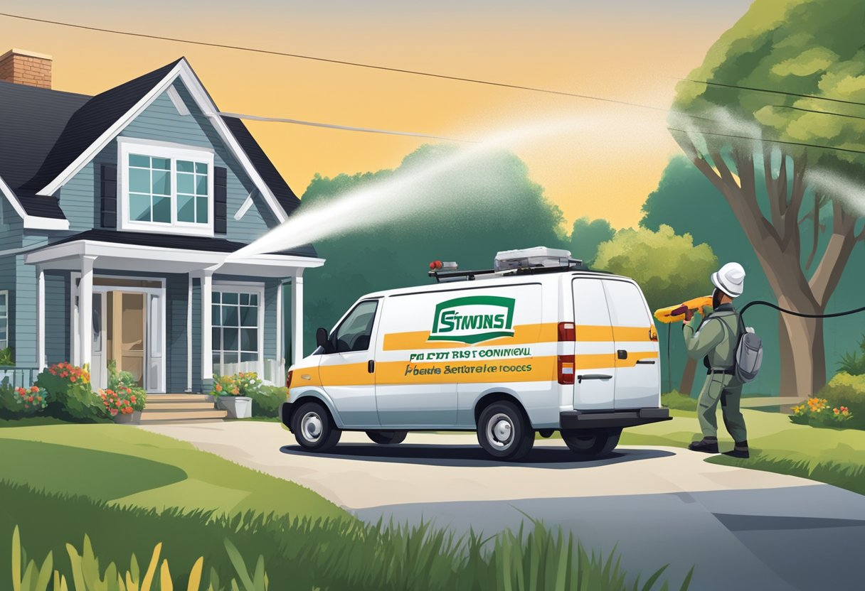 A pest control technician sprays a home's exterior. A van with the company logo is parked nearby. Signs advertise additional services