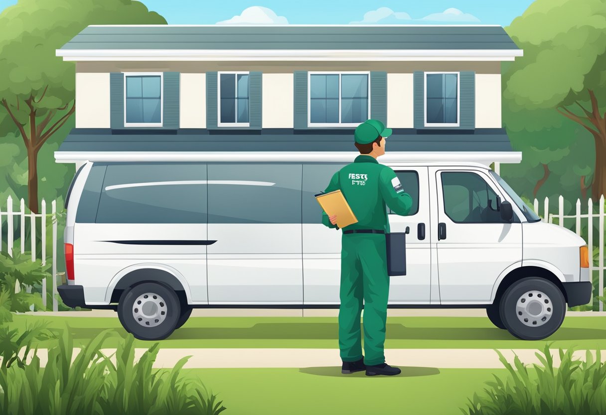 A pest controller in uniform stands in front of a house, holding a clipboard and inspecting for pests. A van with the company logo is parked nearby