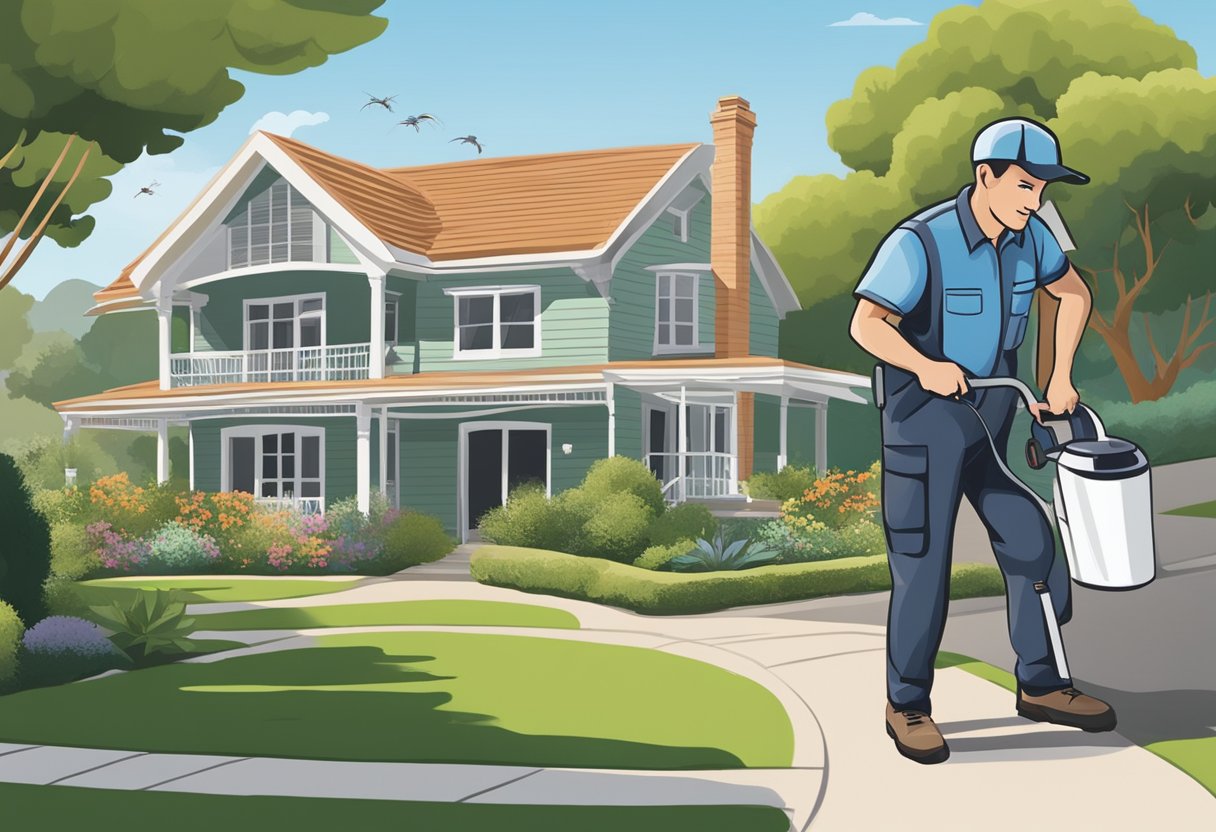 A pest control technician spraying insecticide around a Normanhurst home with a sign reading "Frequently Asked Questions Pest Control Normanhurst" in the background