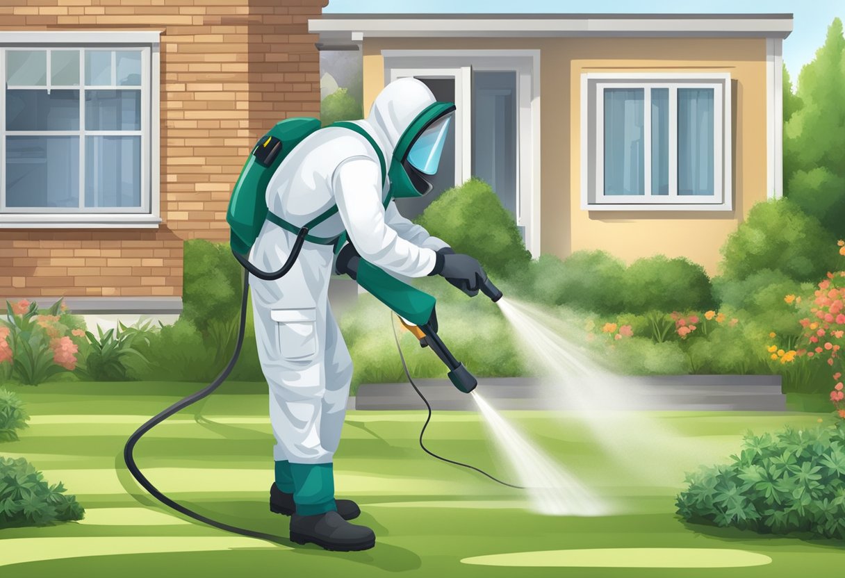 A pest control technician sprays a clean and organized Plumpton area, setting up preventive measures for pest control