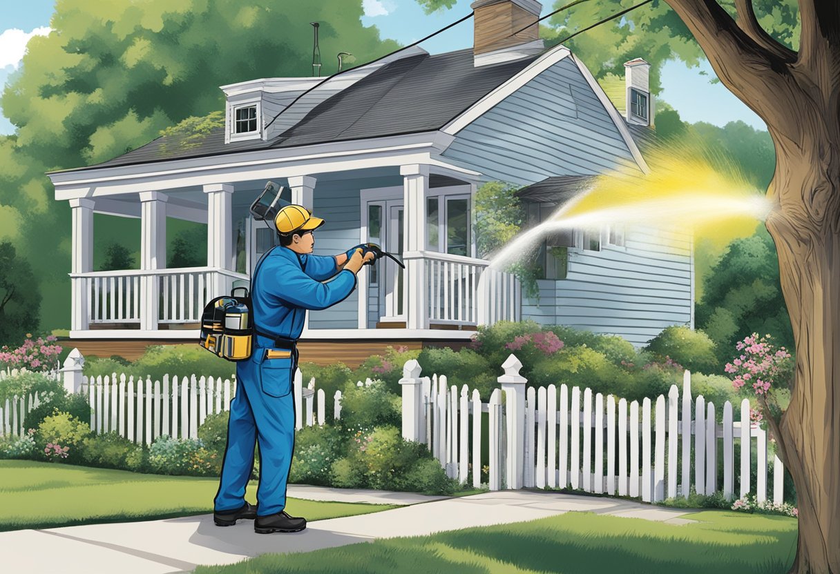 A technician sprays a home's exterior for pests as a sign for "Specific Pest Control Services, Plumpton" is displayed prominently