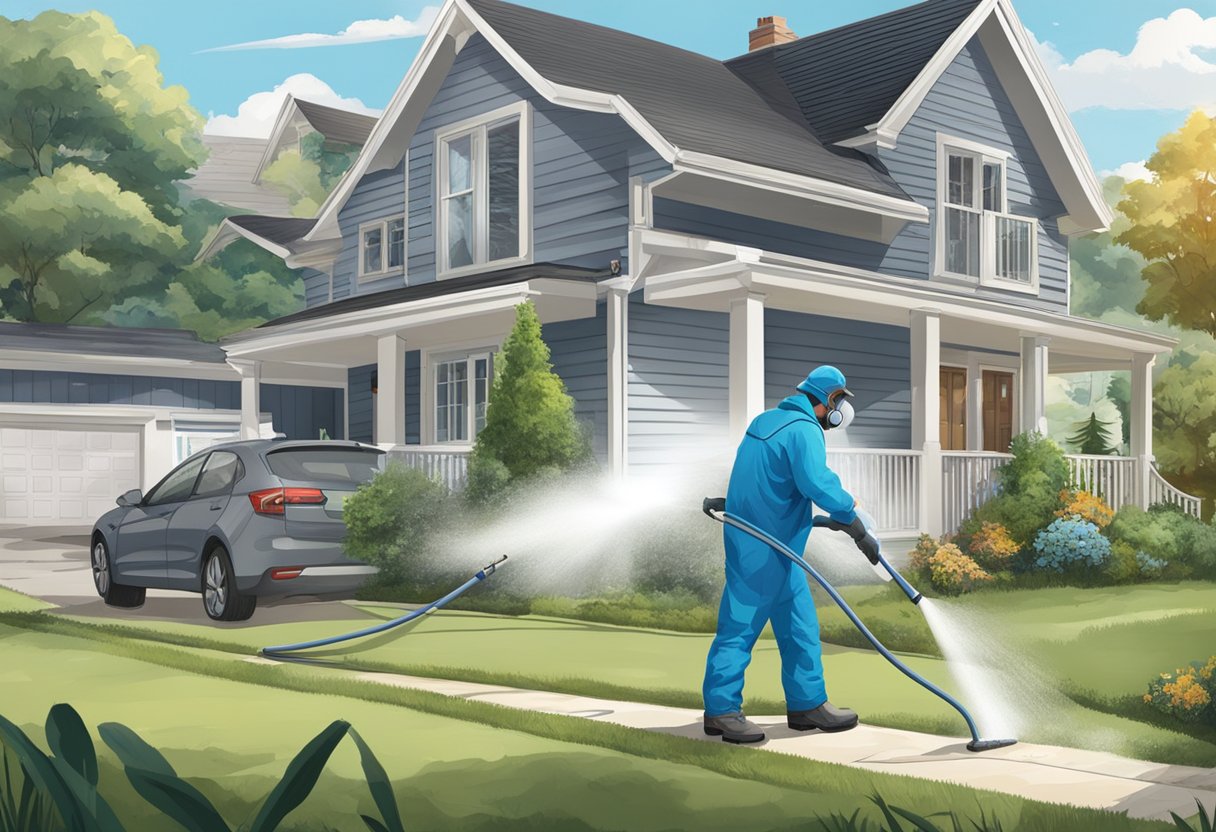 A technician sprays insecticide around a house in Plumpton, targeting pests. Equipment and protective gear are visible