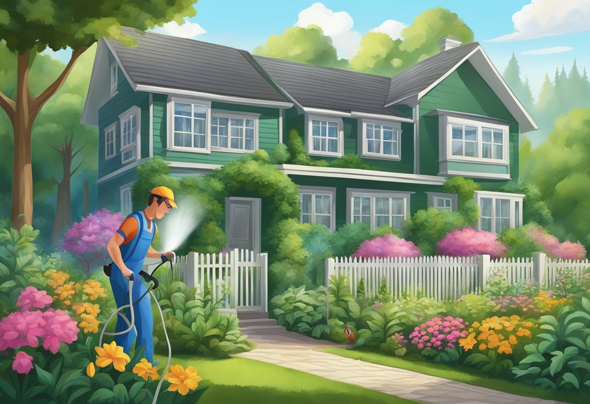 A technician sprays a barrier around a home, protecting it from pests. The house is surrounded by a lush garden and tall trees