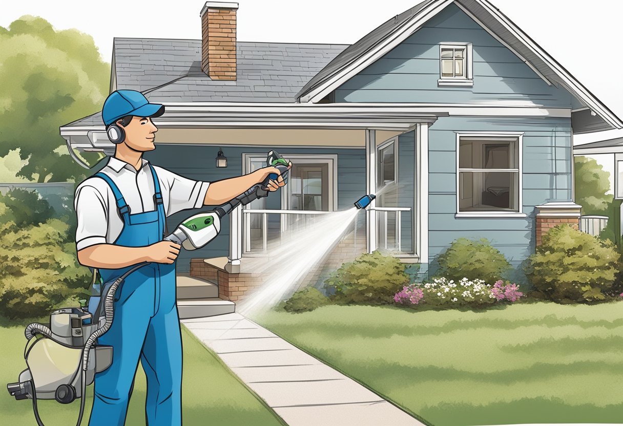 A pest control technician sprays a home exterior in Plumpton, addressing common concerns in a FAQ pamphlet