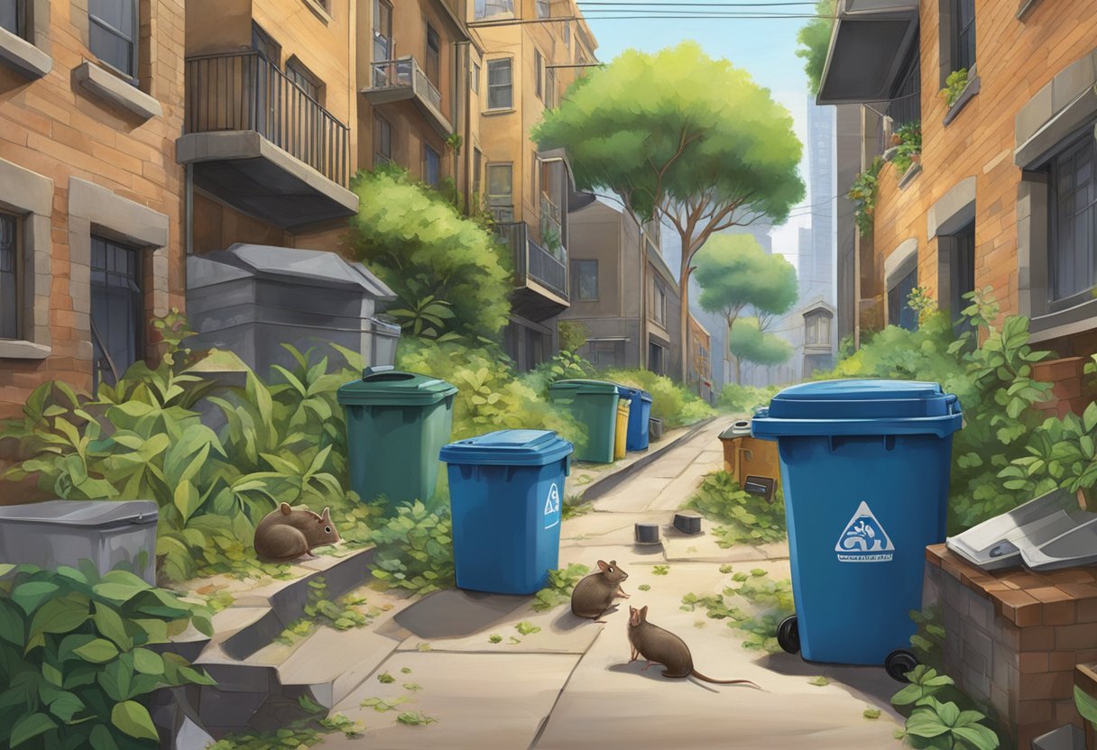 Rodents scurry through a cluttered urban alley in Sydney, with garbage bins and overgrown vegetation providing ample hiding spots