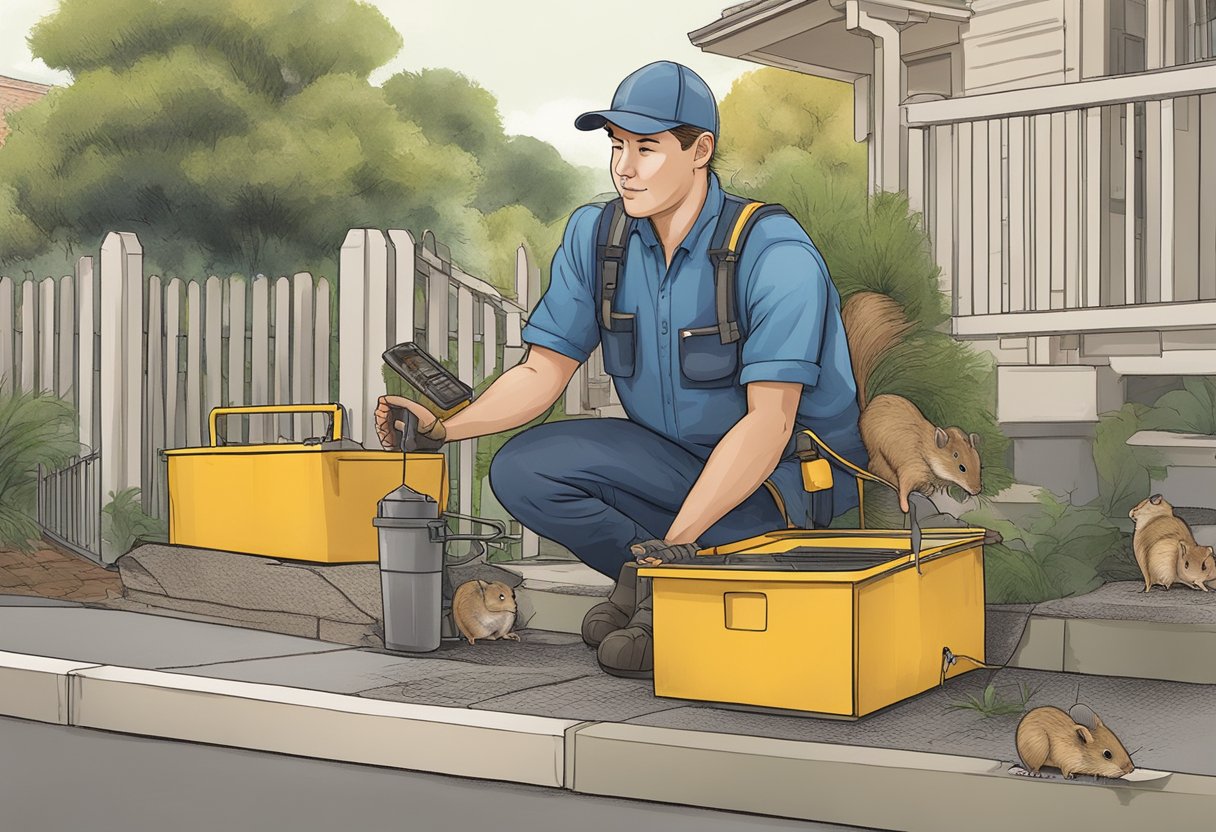 A technician sets up rodent traps in a residential area of Sydney