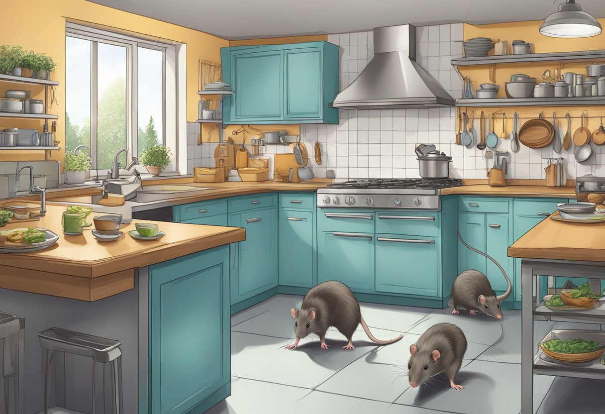 A residential house with a family of rats invading the kitchen, while a commercial building shows a team of professionals setting up traps and inspecting for rodent activity