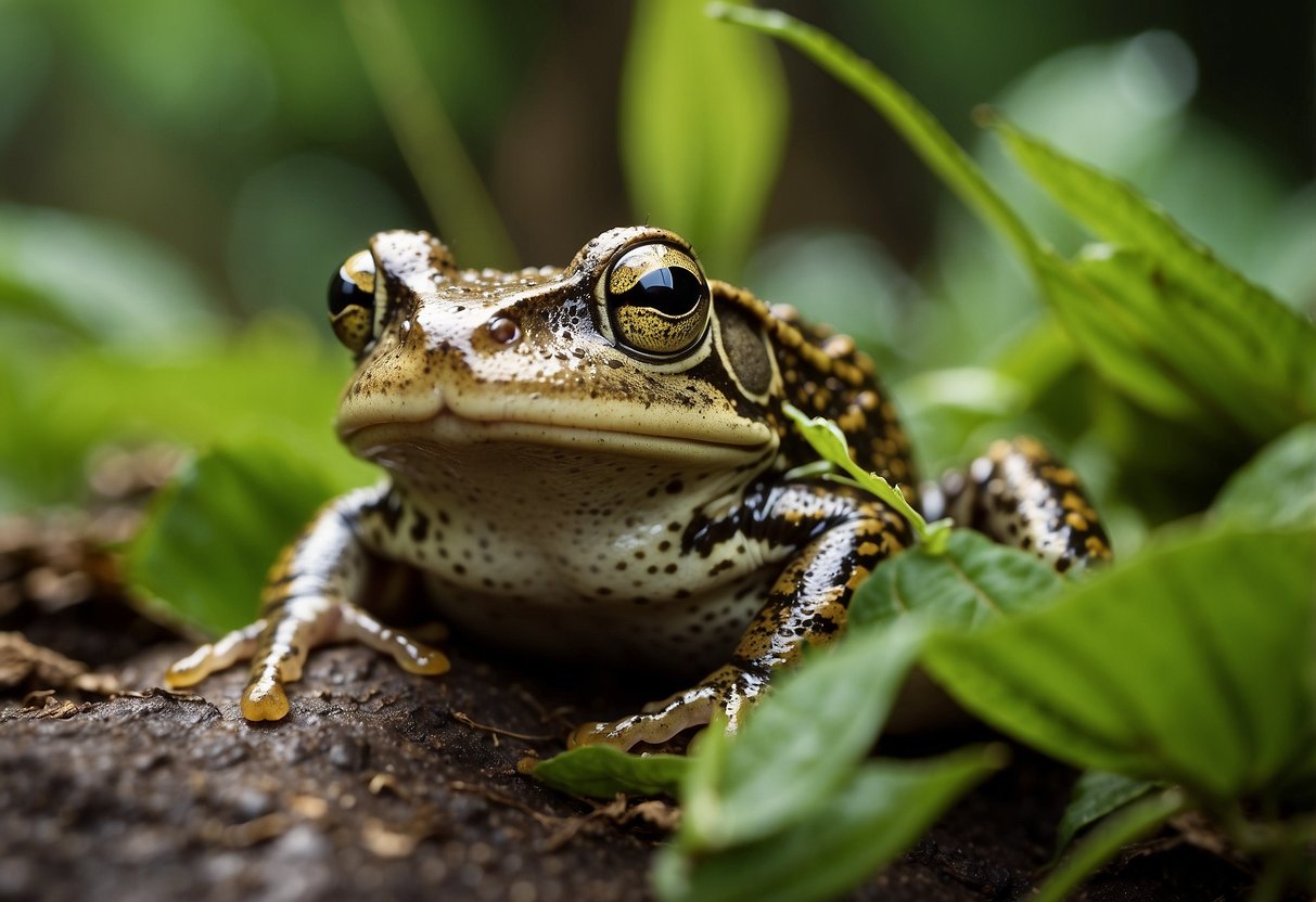 Frogs and toads hop among lush vegetation, their croaks filling the air. Insects buzz around, providing a vital food source for these amphibians, highlighting their crucial role in maintaining ecosystem balance