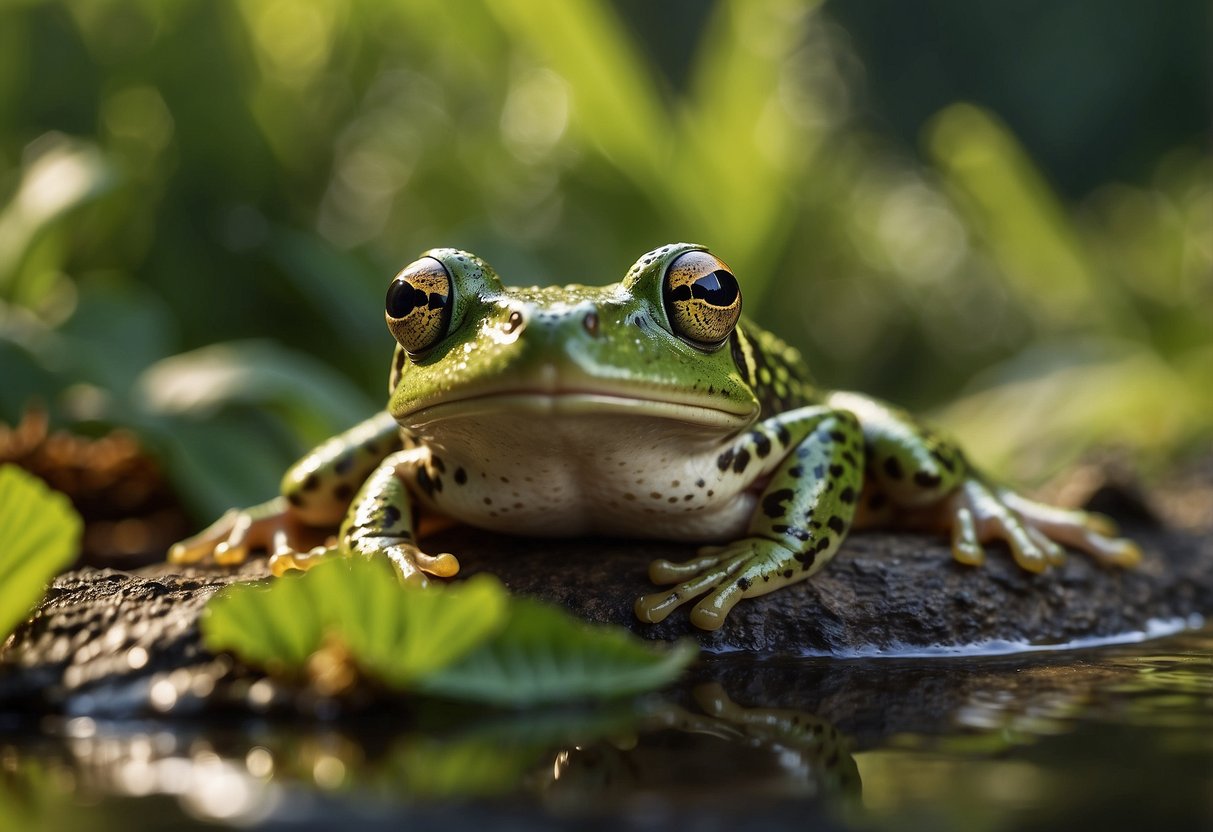 Frogs and toads hop among vibrant green foliage, their croaks filling the air. They sit near a pond, surrounded by diverse plant life, showcasing their crucial role in ecosystem restoration and protection