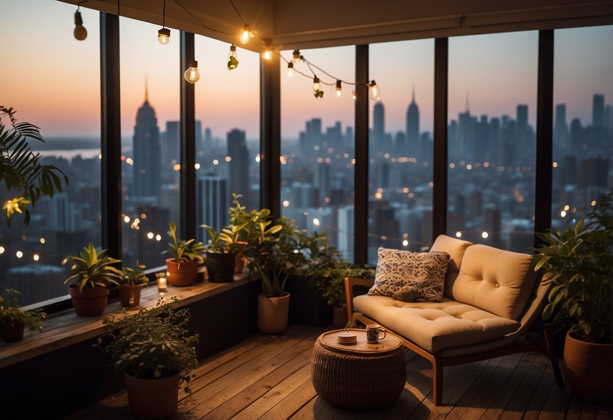 A cozy apartment balcony with potted plants, string lights, and comfortable seating, overlooking a city skyline or lush greenery