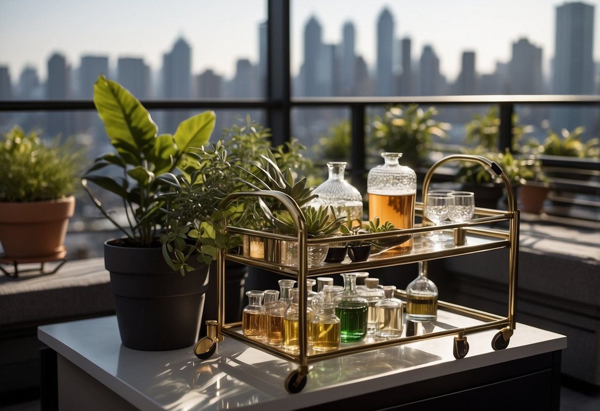 A sleek bar cart sits on a modern apartment balcony, adorned with plants and stylish glassware. The city skyline can be seen in the background