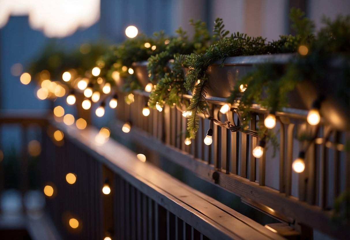 A balcony adorned with string lights, creating a warm and inviting atmosphere