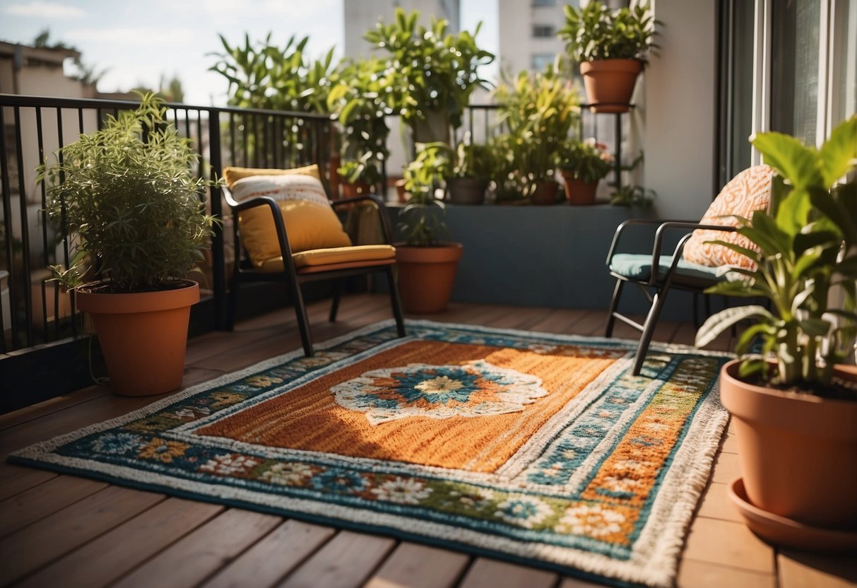 A colorful outdoor rug sits on a small apartment balcony, surrounded by potted plants and cozy seating. The sun shines down, casting a warm glow on the space