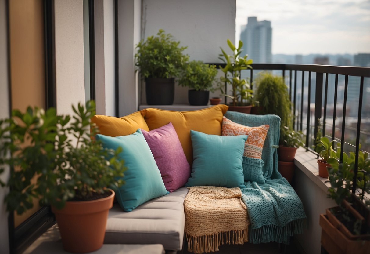 Colorful outdoor cushions arranged on a small apartment balcony with potted plants and string lights, creating a cozy and inviting outdoor space