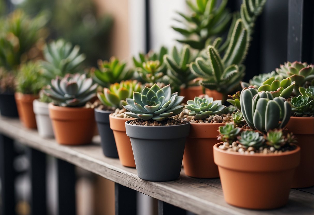 A variety of potted succulents arranged on a small apartment balcony, with different shapes, sizes, and colors creating a visually appealing and natural atmosphere