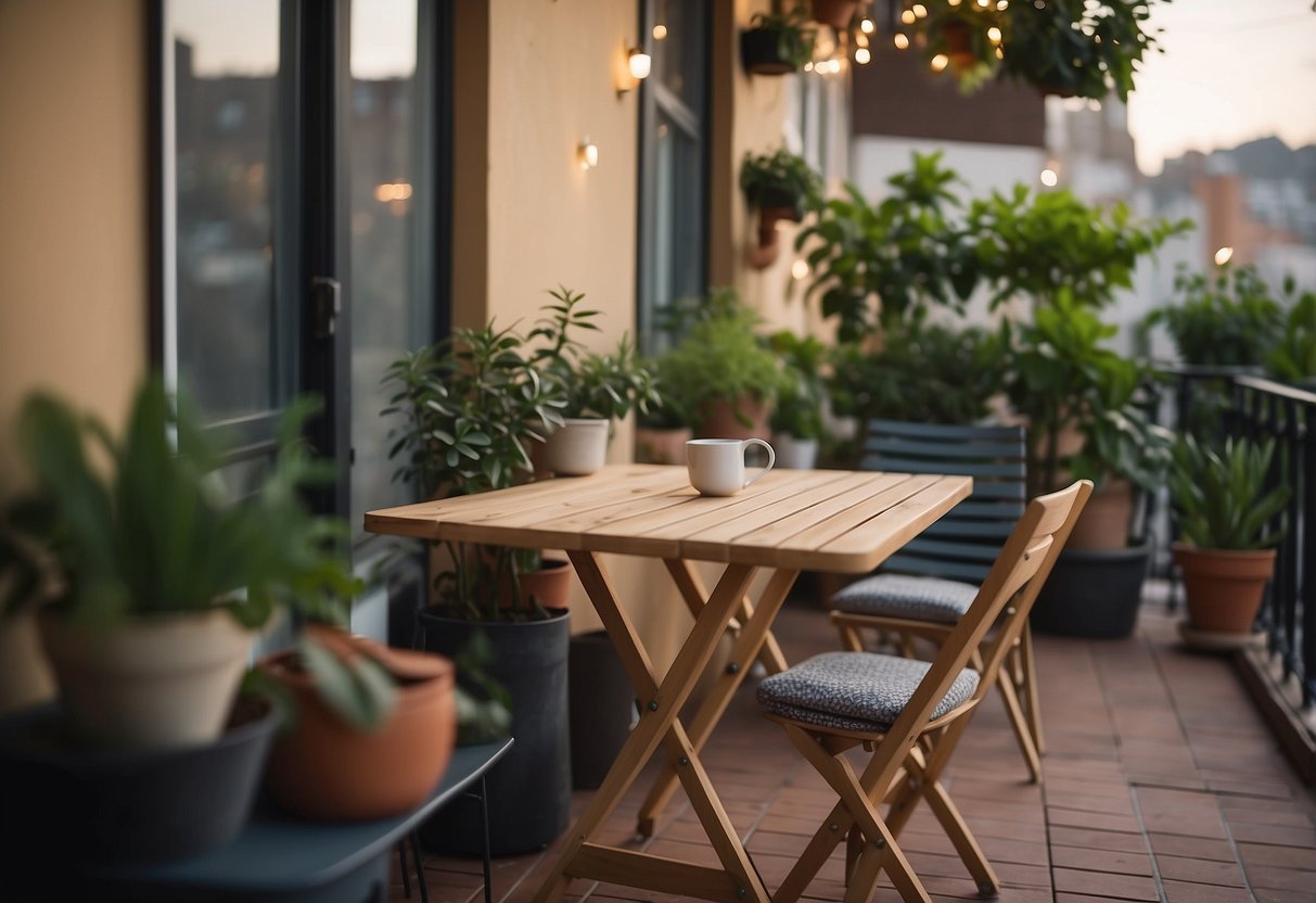 A bistro table folds out on a cozy apartment balcony, surrounded by potted plants and string lights