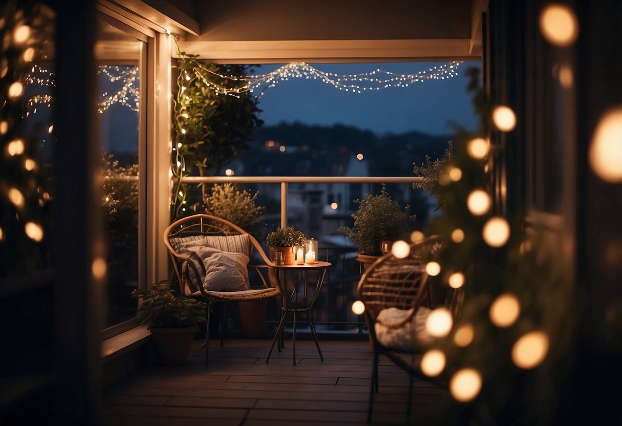 A balcony adorned with twinkling fairy lights, creating a cozy and enchanting atmosphere