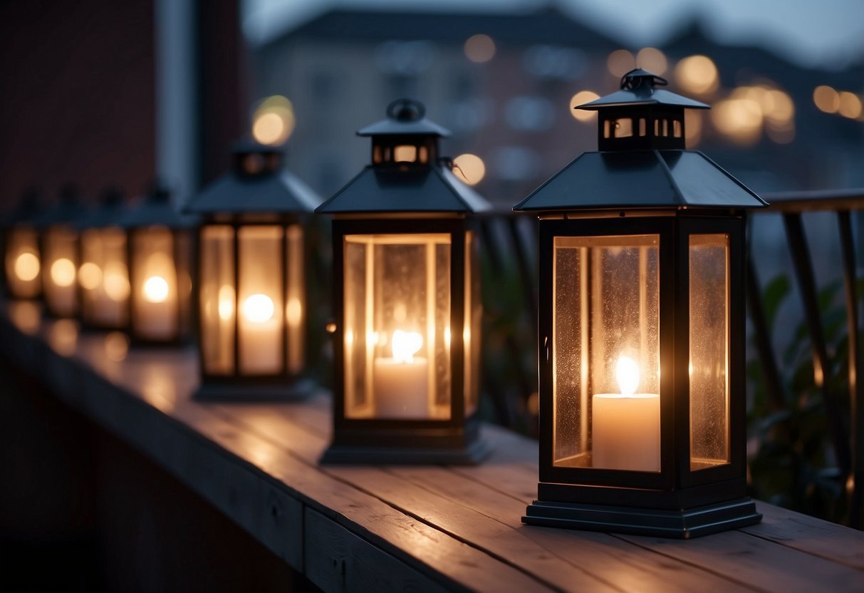 A row of outdoor lanterns illuminates a cozy apartment balcony, casting a warm glow over the space. The soft light creates a welcoming and intimate atmosphere, perfect for relaxing or entertaining