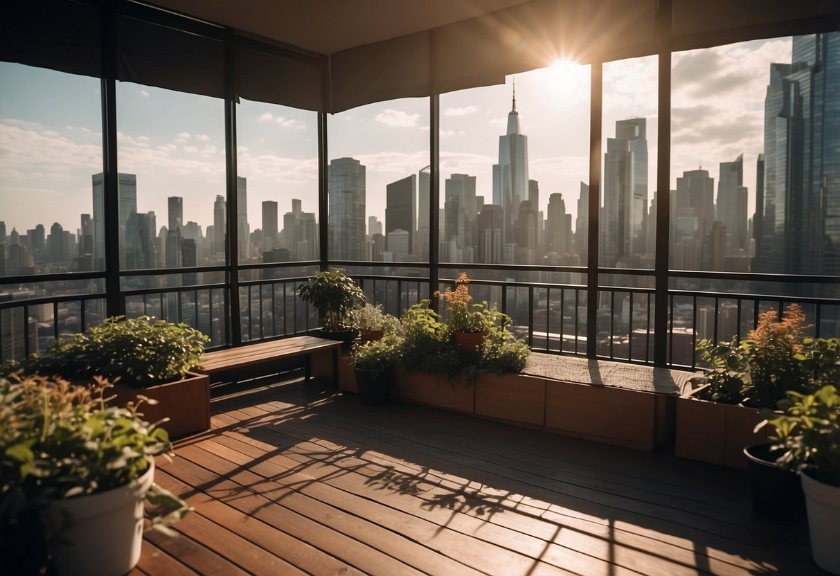 A balcony with a storage bench, potted plants, and cozy seating area overlooking a city skyline