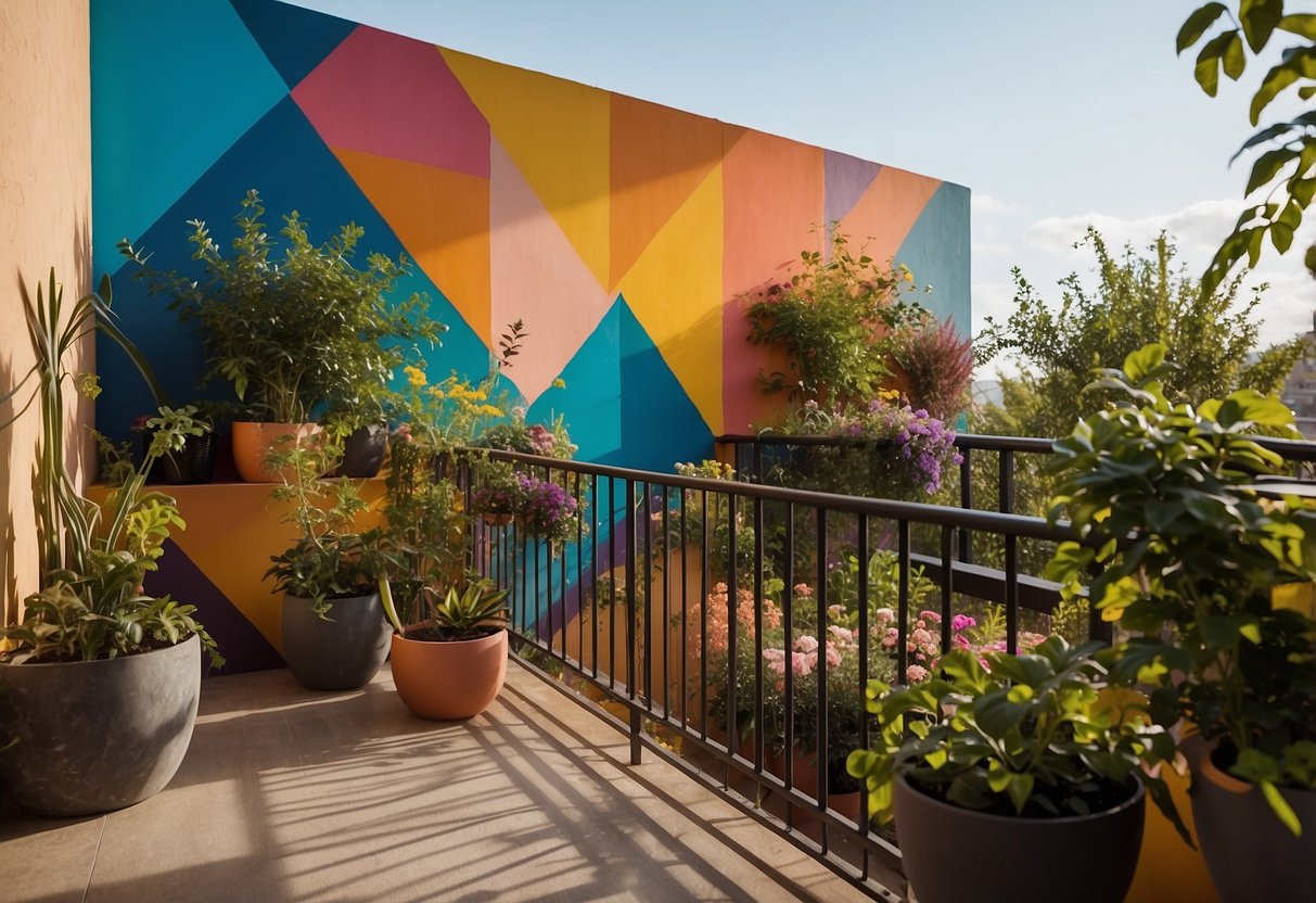 A colorful mural covers the entire wall of a balcony, featuring vibrant abstract patterns and nature-inspired designs. Plants and flowers in pots add to the artistic atmosphere