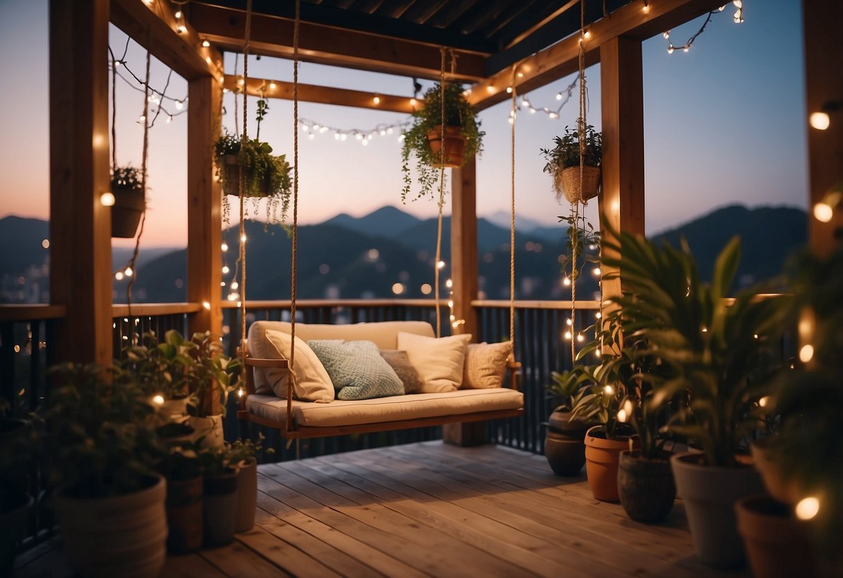 A cozy balcony with a hanging swing, surrounded by potted plants and string lights