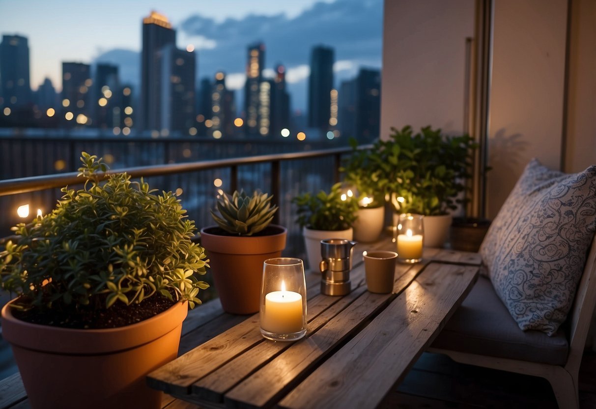 A cozy balcony with DIY pallet furniture, potted plants, and string lights. A small table with a cup of coffee and a book. City skyline in the background