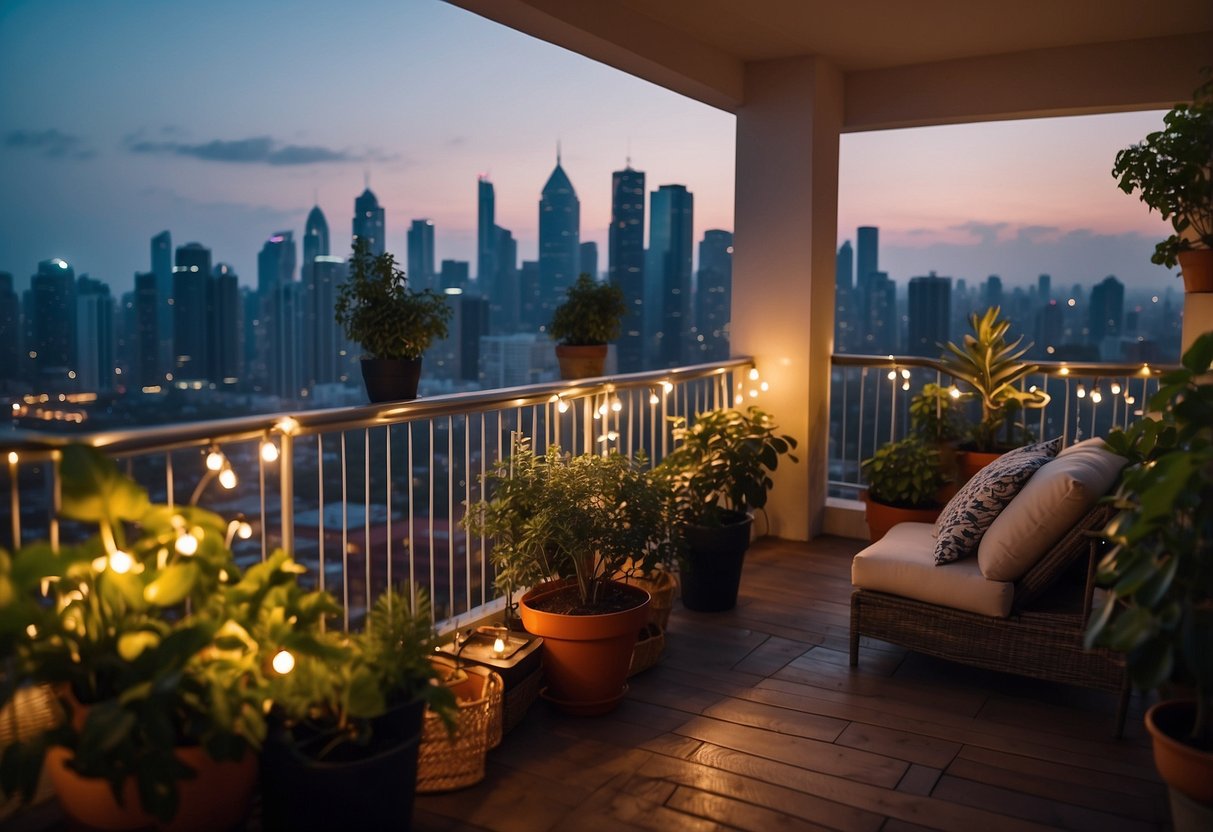 A balcony with string lights, potted plants, and comfortable seating, surrounded by lush greenery and overlooking a city skyline