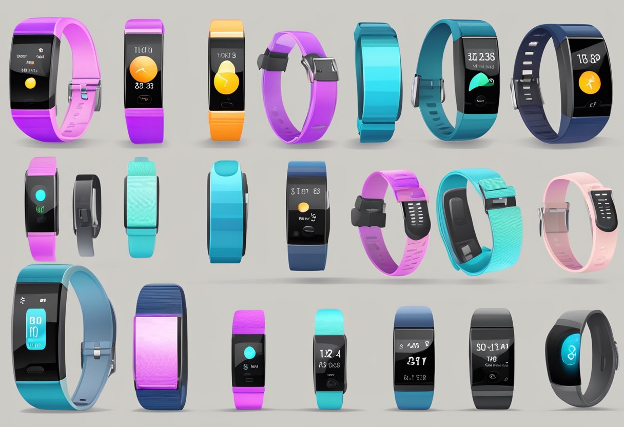 A fitness tracker is secured around an ankle, with a small display screen and adjustable strap