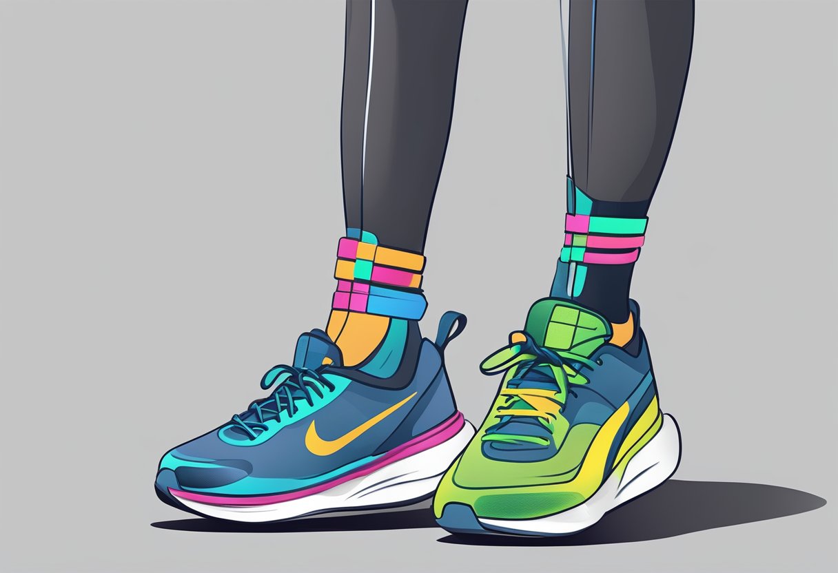 A fitness tracker is strapped to an ankle, with the device's screen facing outward