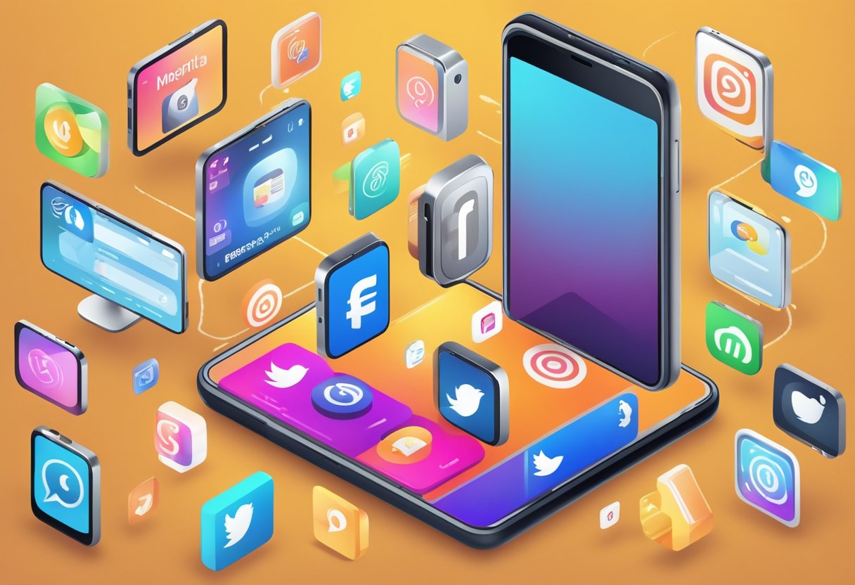 A smartphone with various money-making apps open on the screen, surrounded by icons of social media platforms and online shopping websites