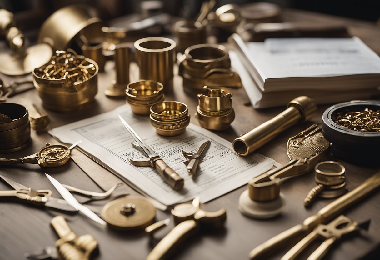 A gilded workshop with tools, goldsmith's bench, and tax documents on a desk