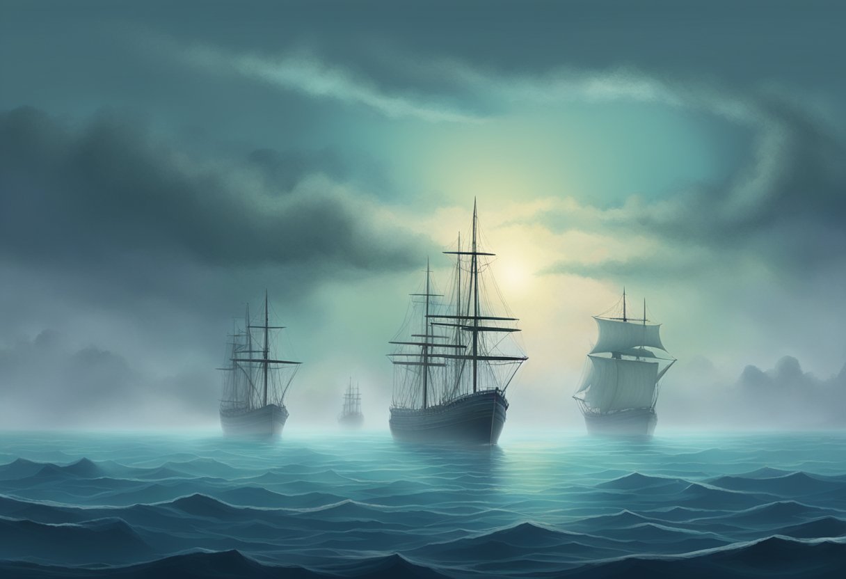 Mysterious ships vanish in calm waters of the Bermuda Triangle. Eerie fog blankets the horizon, adding to the sense of unease