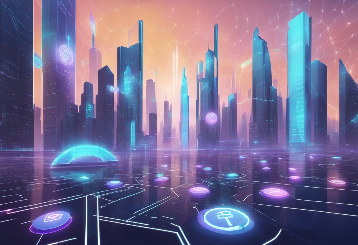 A futuristic cityscape with holographic dropshipping logos and futuristic investment charts displayed on digital screens