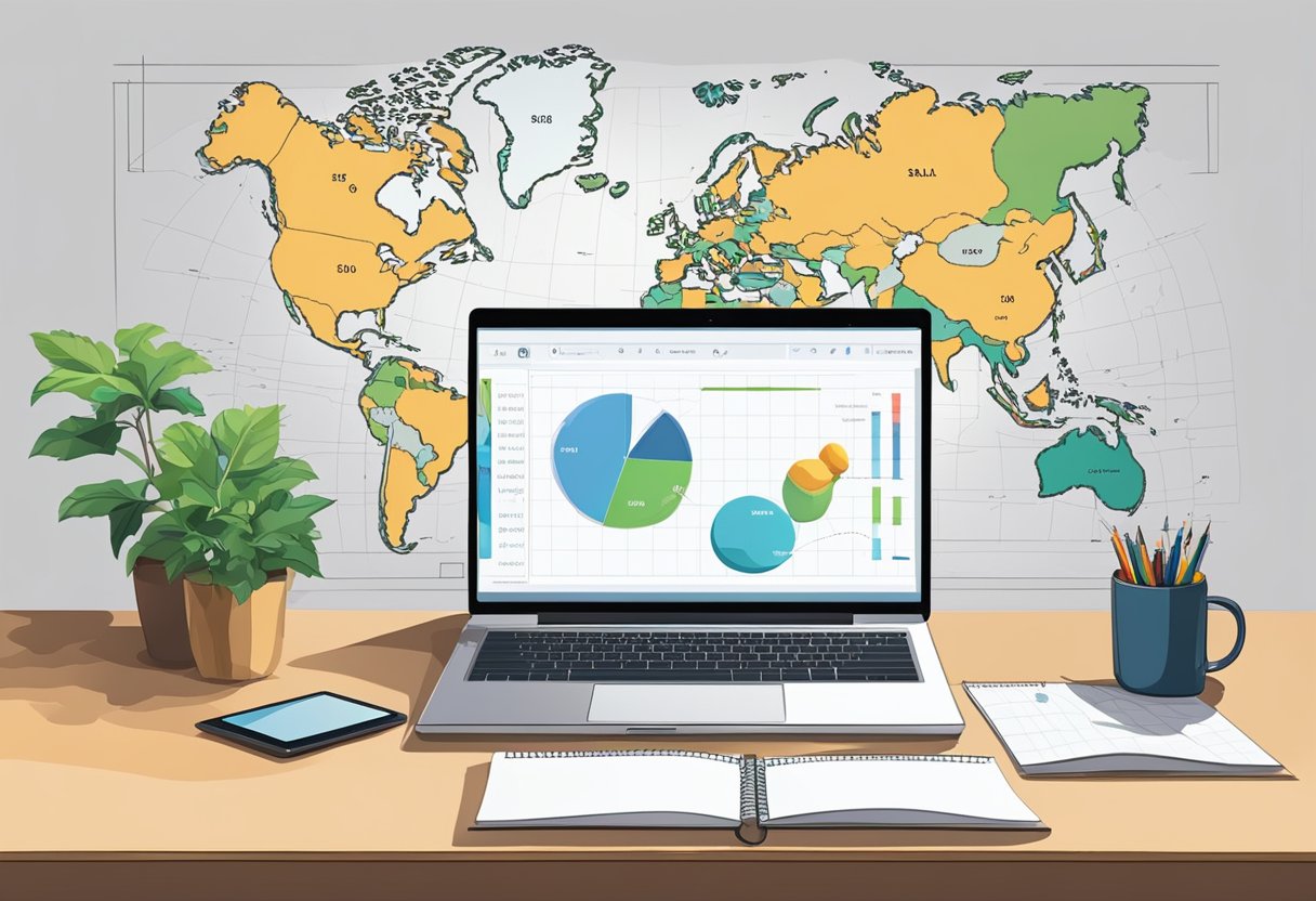 A table with a laptop, notepad, and pen. A world map on the wall. Charts and graphs showing sales and growth projections for dropshipping in 2024