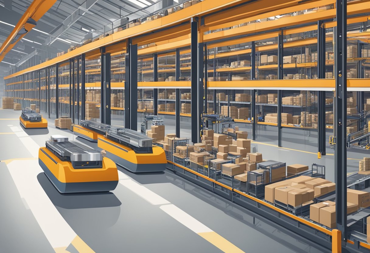 A streamlined warehouse with automated conveyor belts and robotic arms handling various dropship products in 2024