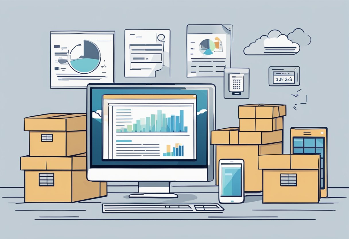 A modern office with a computer, phone, and shipping boxes. A chart showing rising sales. Text reads "Marketing and Sales: The Right Ways to Invest in Dropshipping in 2024."