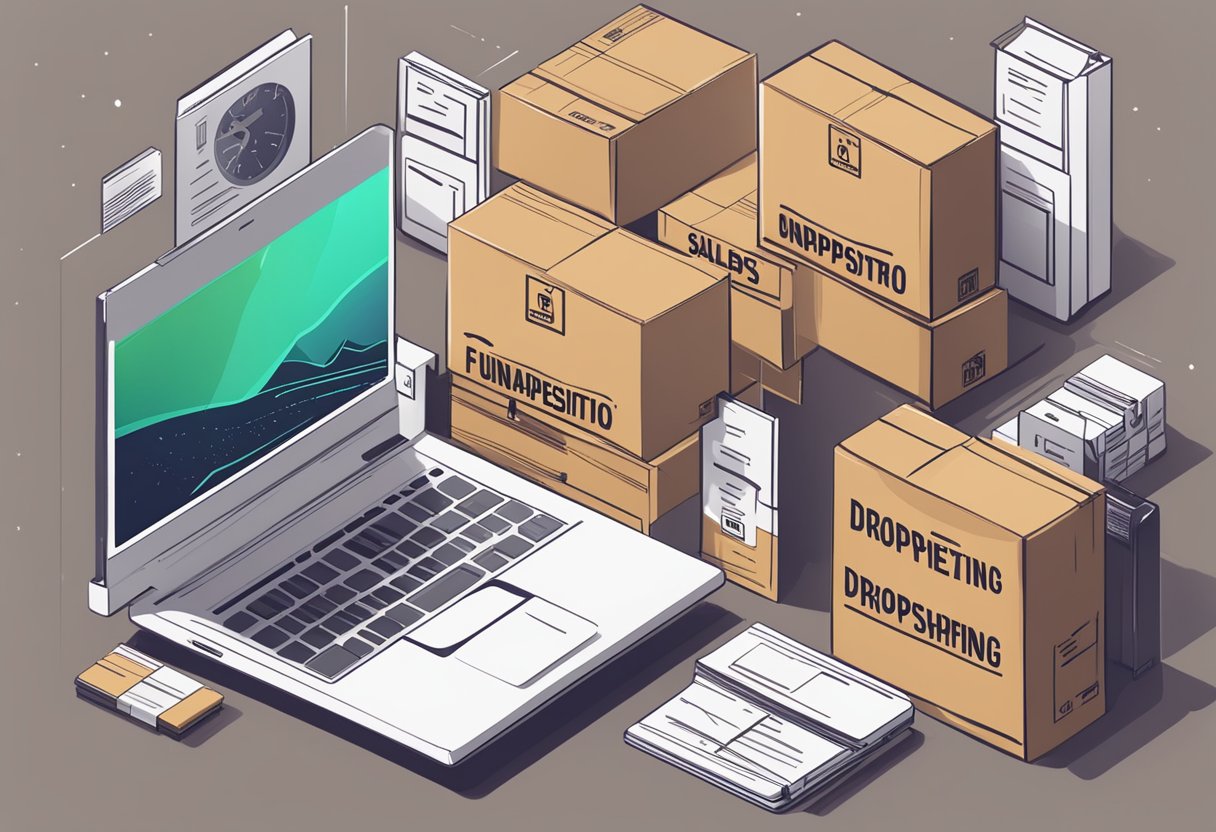 A stack of shipping boxes with the words "Fundamentos do Dropshipping" on them, surrounded by various products and a laptop with a sales dashboard