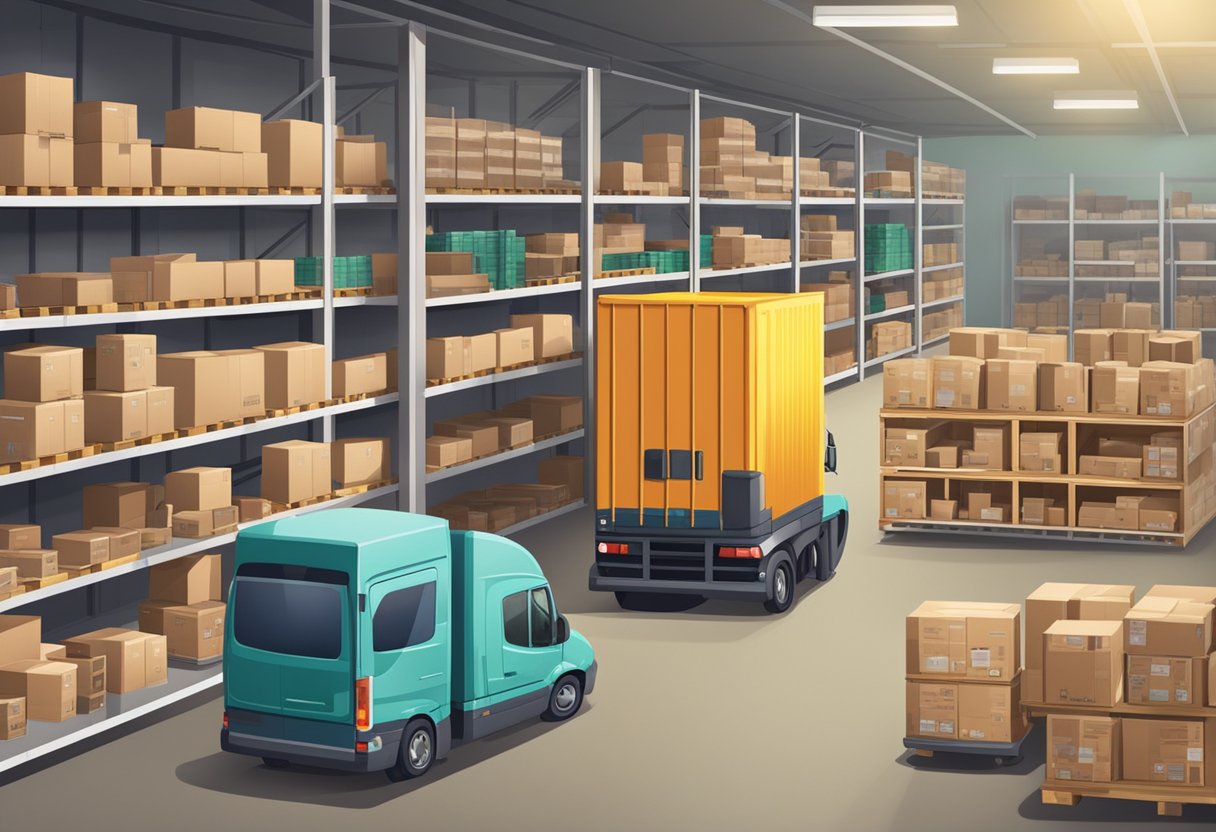 A busy warehouse with shelves of products, a computer for order processing, and a delivery truck outside