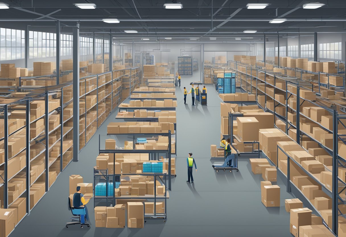 A bustling warehouse with shelves of products, a shipping area with workers packing orders, and a computer station for managing online sales and customer inquiries